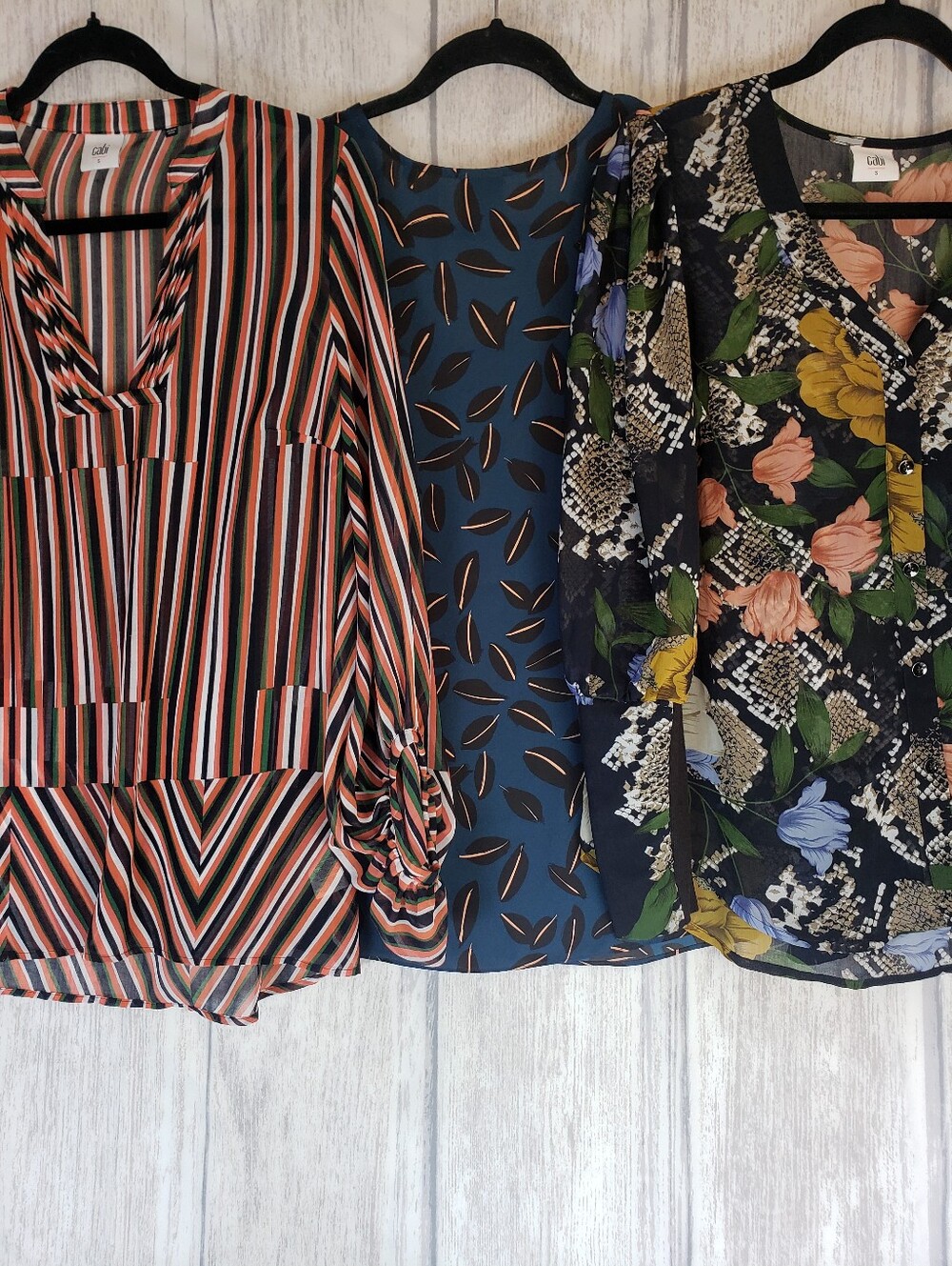 CAbi Multi-Pattern Women's Blouse Trio Floral, Stripe, Leaf Semi-Sheer Small EUC